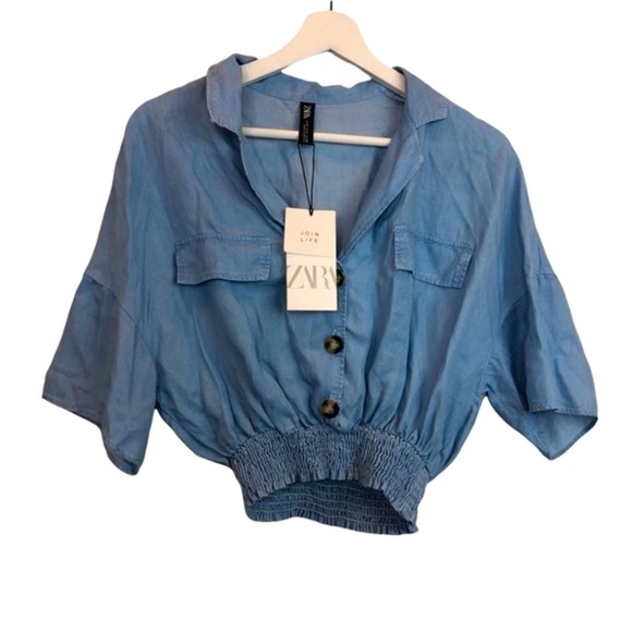 Zara Chambray Blue Buton Down Crop Top New - Picture 1 of 6